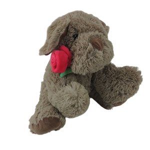 Russell Stover Brown Coco Love Pup 10 " Plush Rose in Mouth Valentines Day